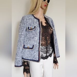 ZARA BLAZER NAVY BLUE RED WHITE TEXTURED BLAZER SHORT MEDIUM